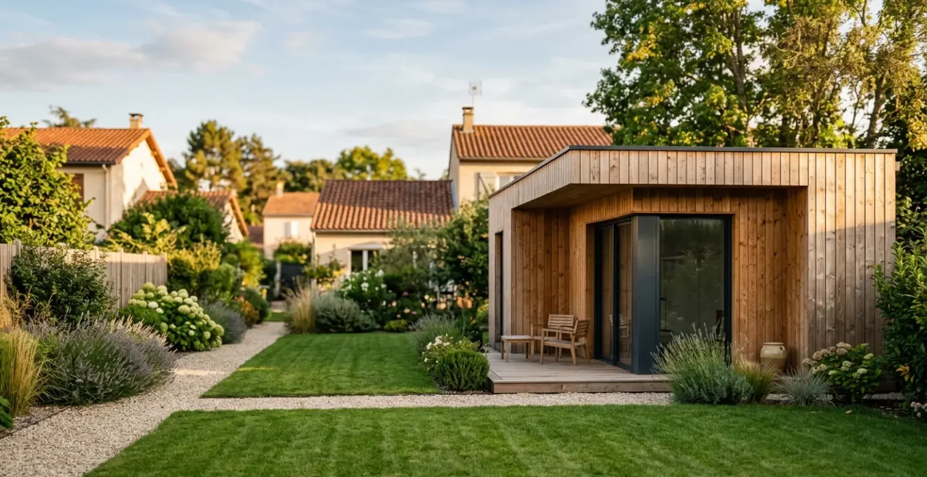 Construction d'une annexe de jardin moderne en bois dans un environnement résidentiel français