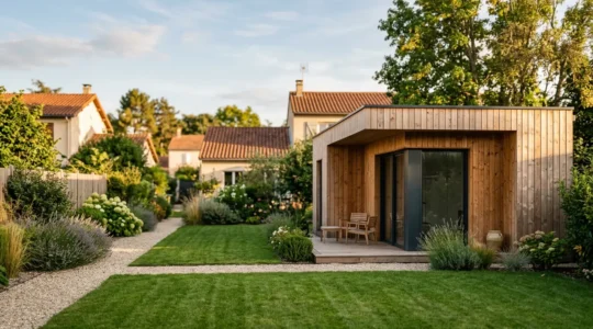 Construction d'une annexe de jardin moderne en bois dans un environnement résidentiel français