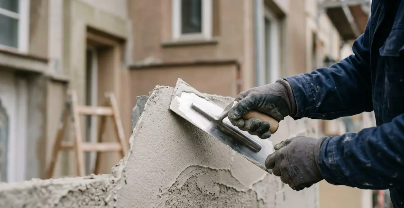 Application professionnelle d'enduit de façade dans des conditions climatiques optimales au printemps