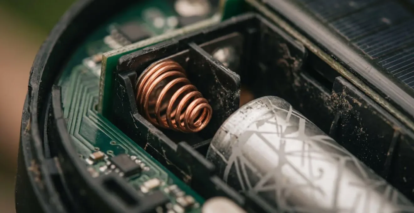 Gros plan macro sur une batterie de lampe solaire au format 18650 ouverte montrant l'accessibilité du compartiment