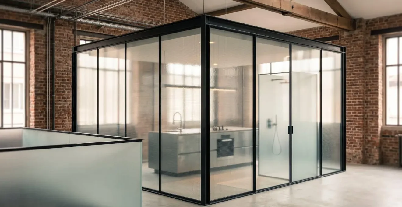 Bloc technique central autonome en verre et acier intégrant cuisine et salle de bains dans un loft industriel ouvert