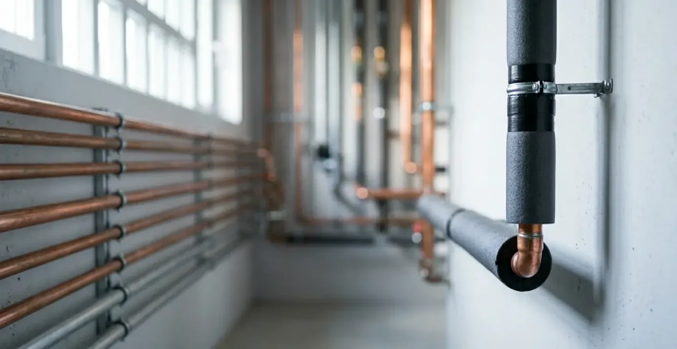 Installation de manchons isolants sur tuyauterie de chauffage pour réduire les pertes thermiques