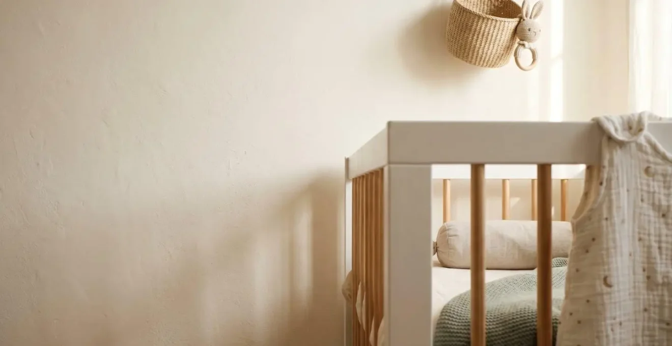 Chambre de bébé française aux tons doux et naturels avec murs fraîchement peints à la peinture écologique