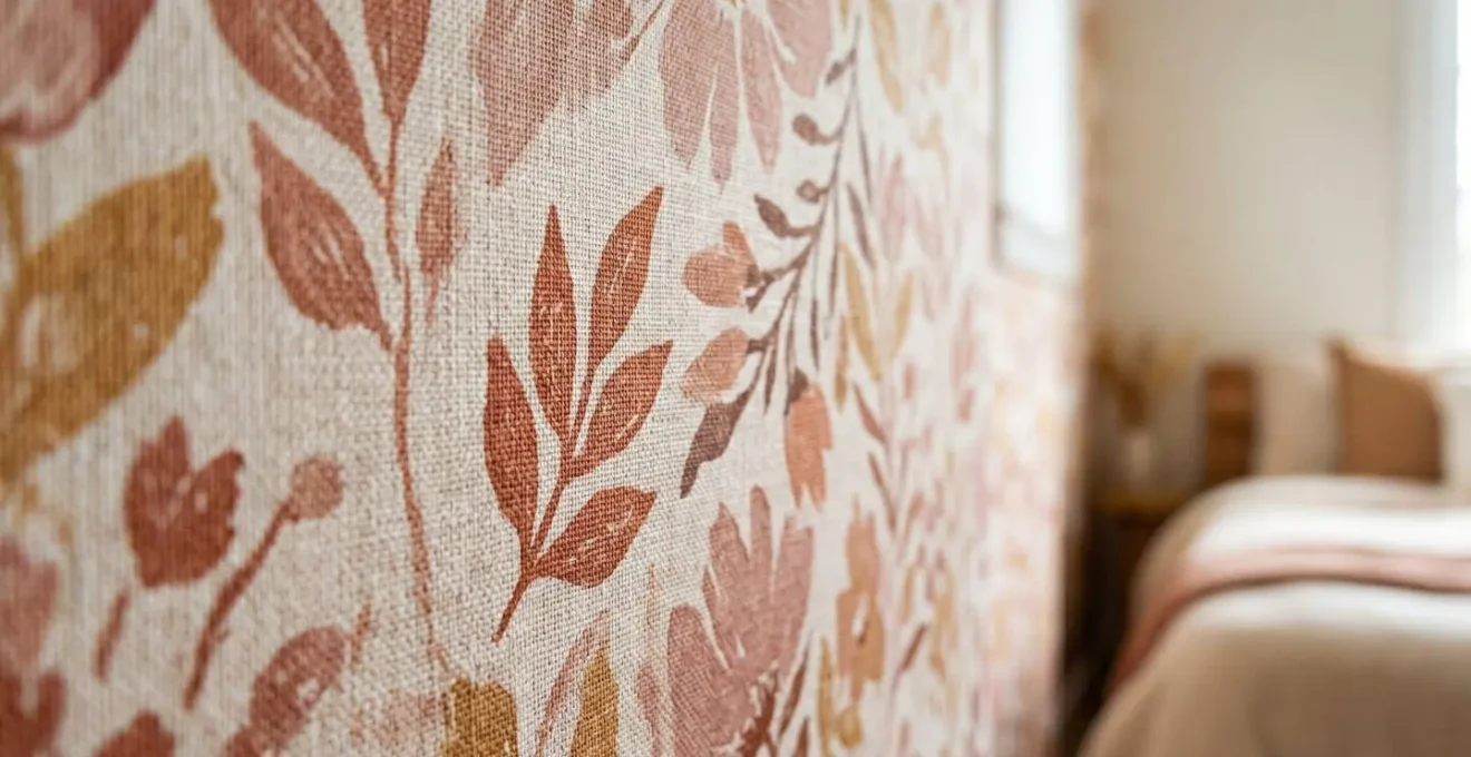 Gros plan sur une texture de papier peint aux motifs floraux doux dans une chambre orientée nord baignée de lumière diffuse