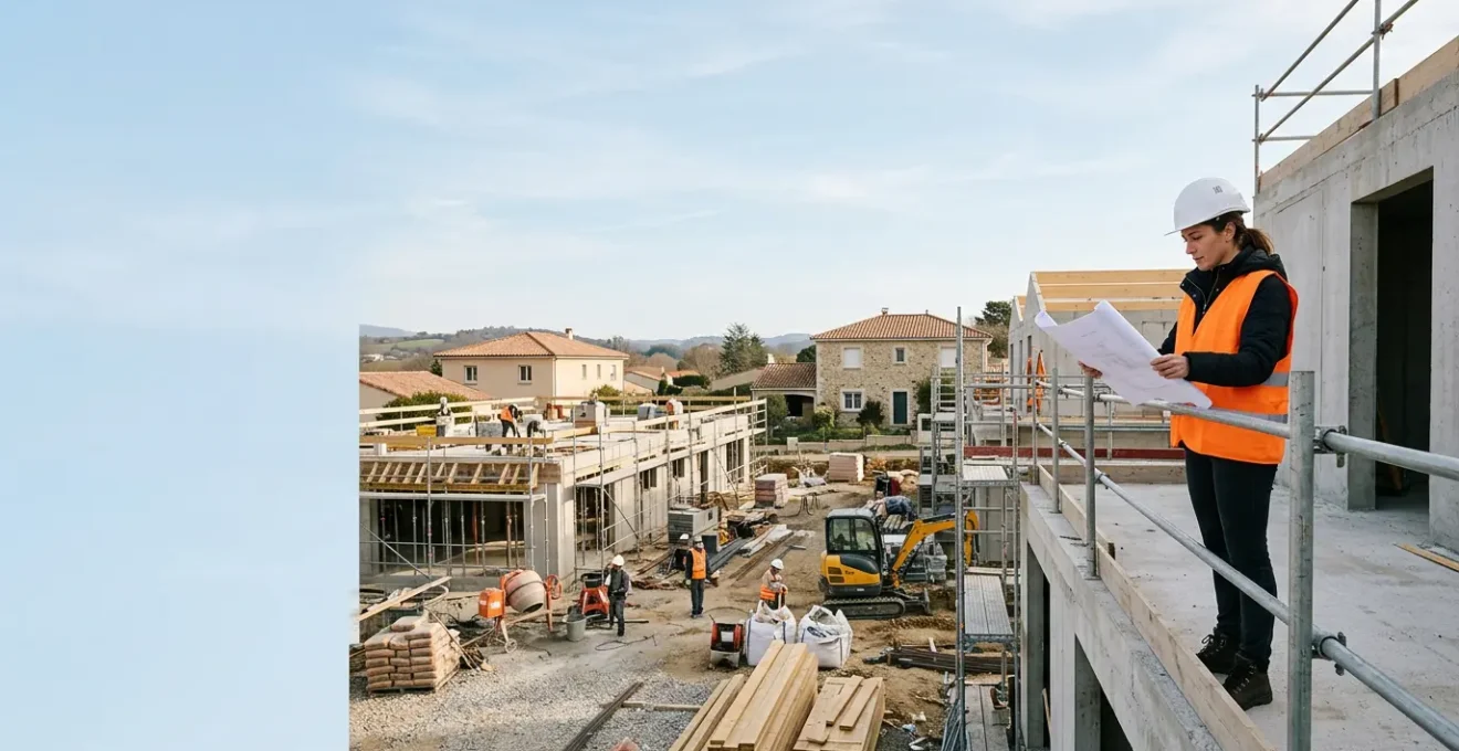 Professionnel de la maîtrise d'œuvre coordonnant un projet de construction résidentielle