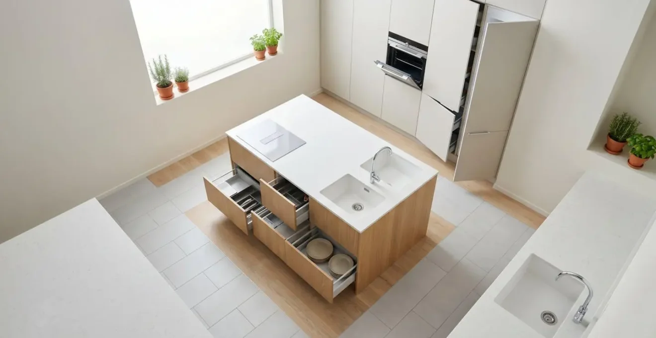 Vue aérienne d'une cuisine montrant les flux de circulation optimaux autour d'un îlot central