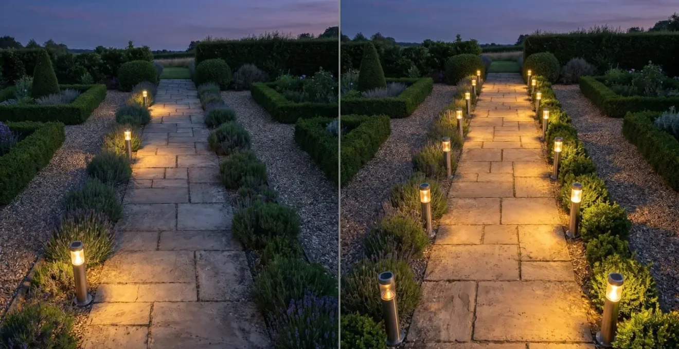 Vue aérienne d'une allée française avec différents espacements de bornes solaires comparant balisage décoratif et sécurisé