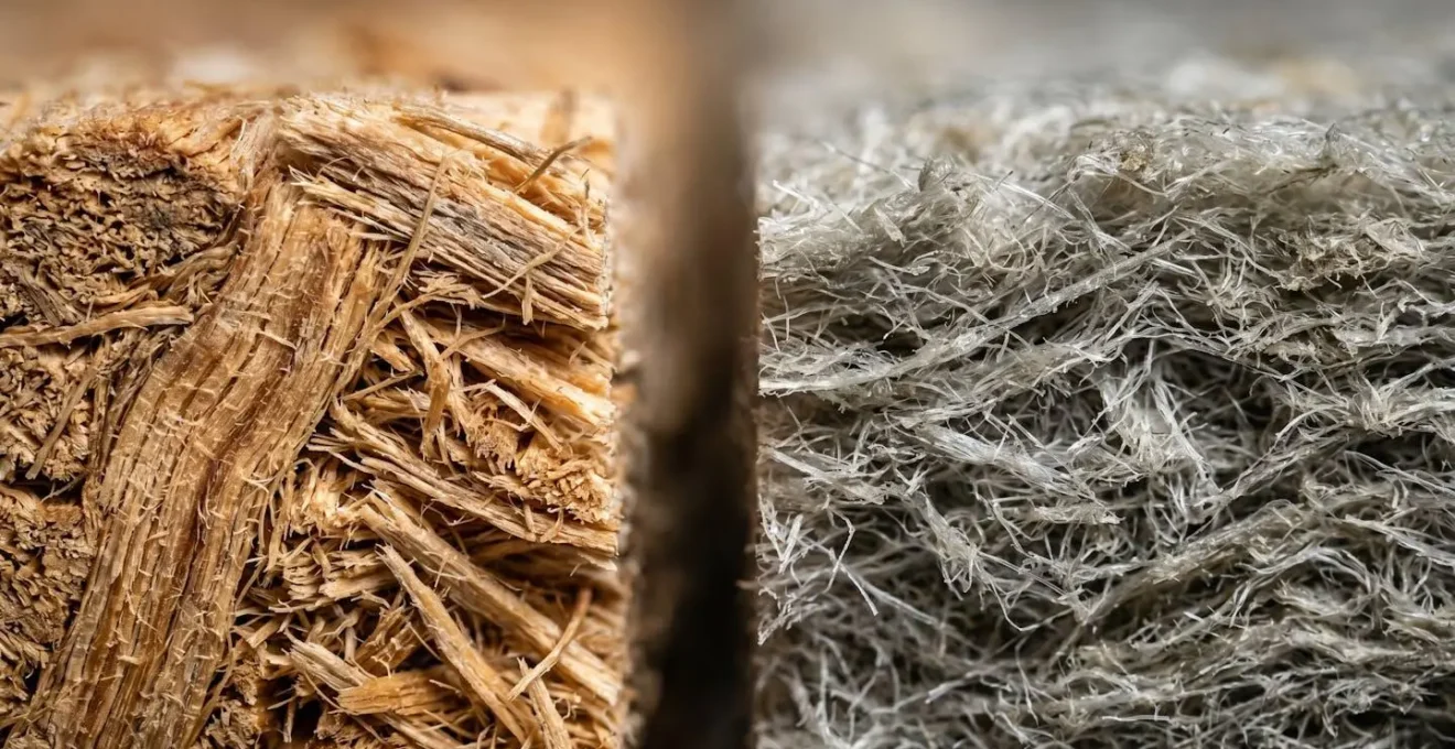 Gros plan sur les textures contrastées de deux matériaux isolants biosourcés montrant leurs structures fibreuses distinctes