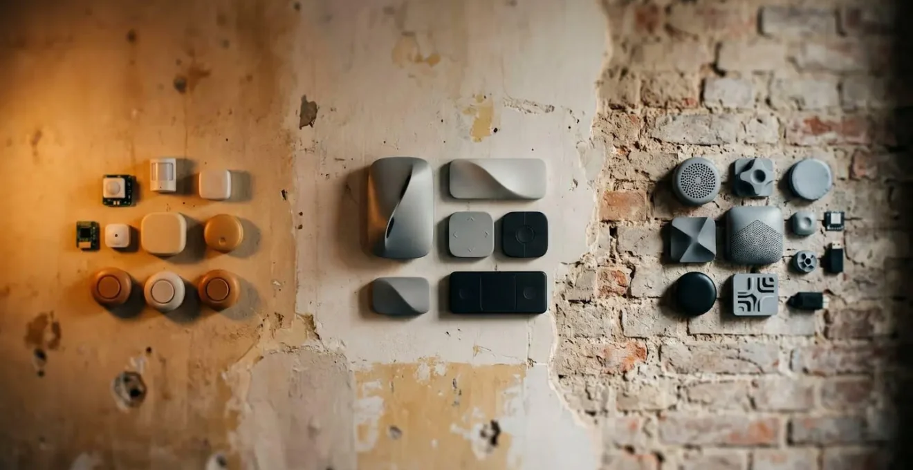 Composition symbolique comparant différents protocoles domotique avec objets connectés et éléments architecturaux français