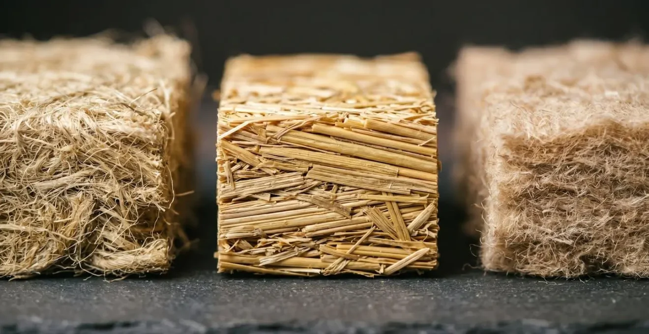 Textures naturelles d'isolants biosourcés chanvre paille et fibre de bois en gros plan