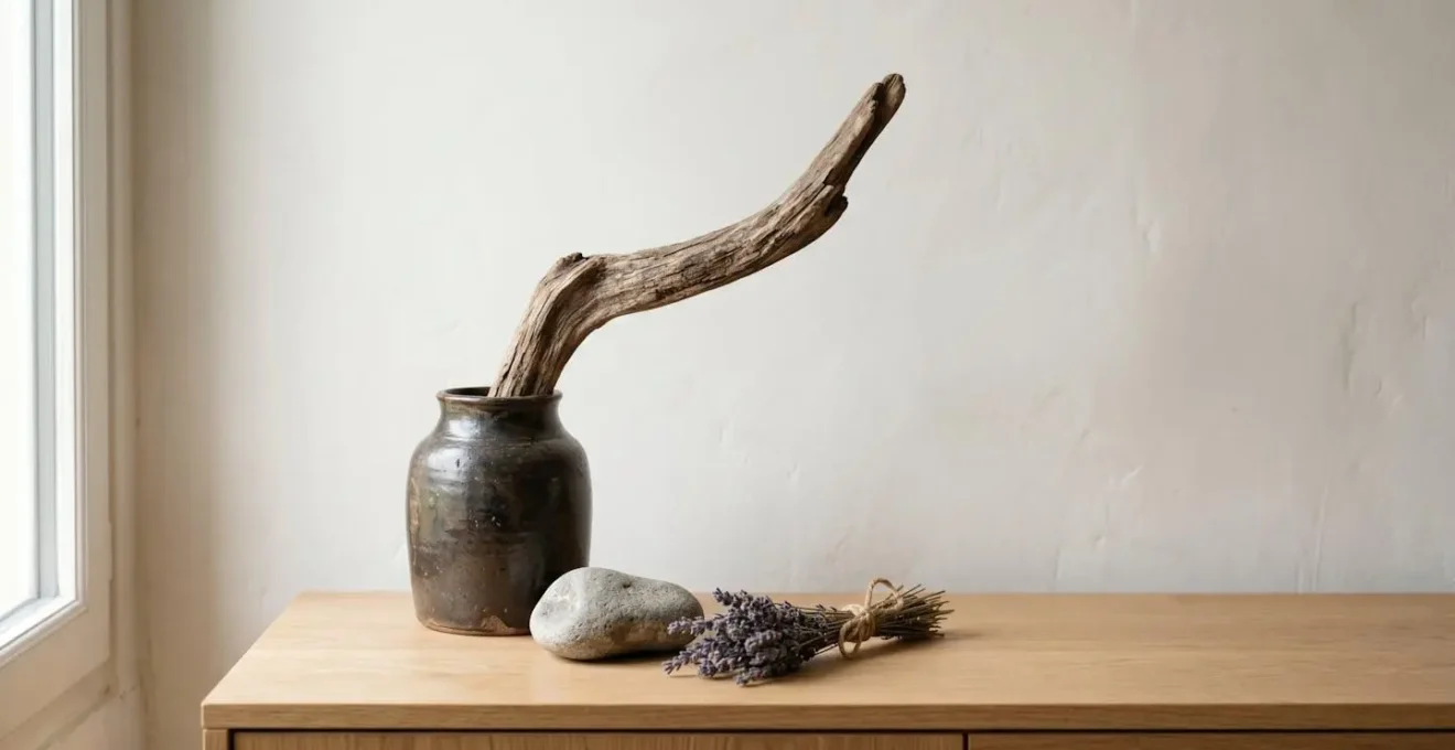 Nature morte Japandi avec bois flotte branche seche et galet naturel dans vase ceramique
