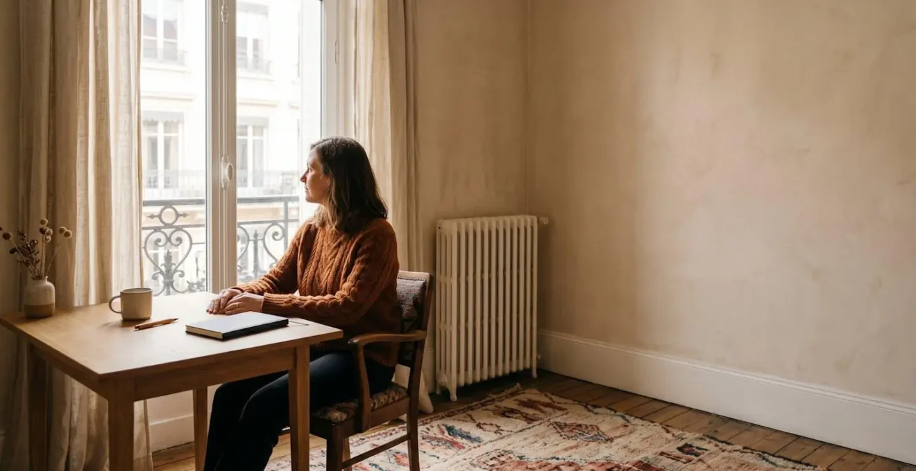 Vue d'ensemble minimaliste d'un espace de travail à domicile baigné de lumière naturelle avec éléments de confort thermique