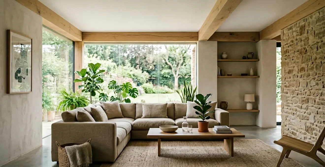Interieur d'une maison confortable avec lumiere naturelle et isolation performante sans systeme de climatisation