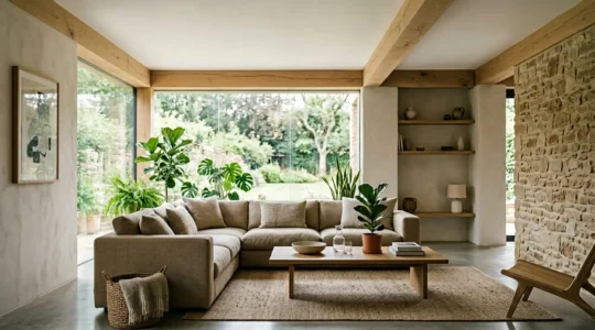 Interieur d'une maison confortable avec lumiere naturelle et isolation performante sans systeme de climatisation