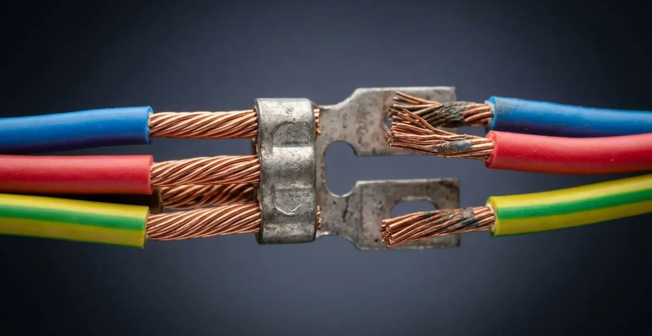 Détail macro de connexions électriques avec fils colorés montrant différence entre installation sécurisée et défaillante