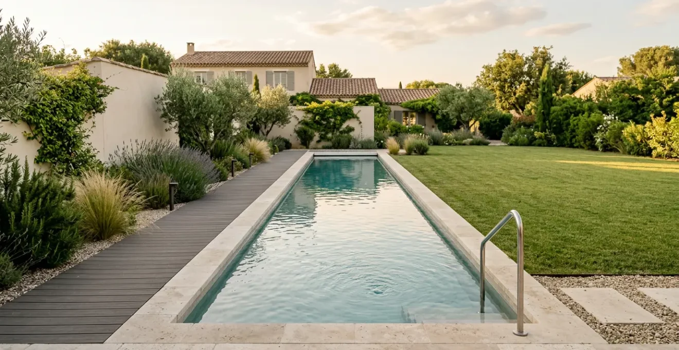 Couloir de nage élégant intégré dans un jardin résidentiel français avec terrasse contemporaine