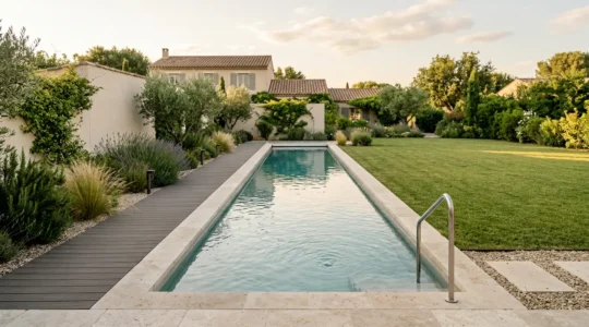 Couloir de nage élégant intégré dans un jardin résidentiel français avec terrasse contemporaine