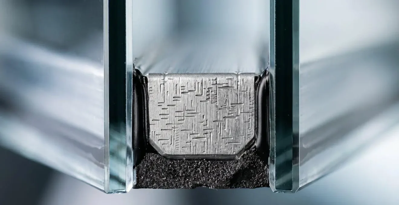 Gros plan macro sur la structure en coupe d'un double vitrage montrant l'espace entre les deux verres