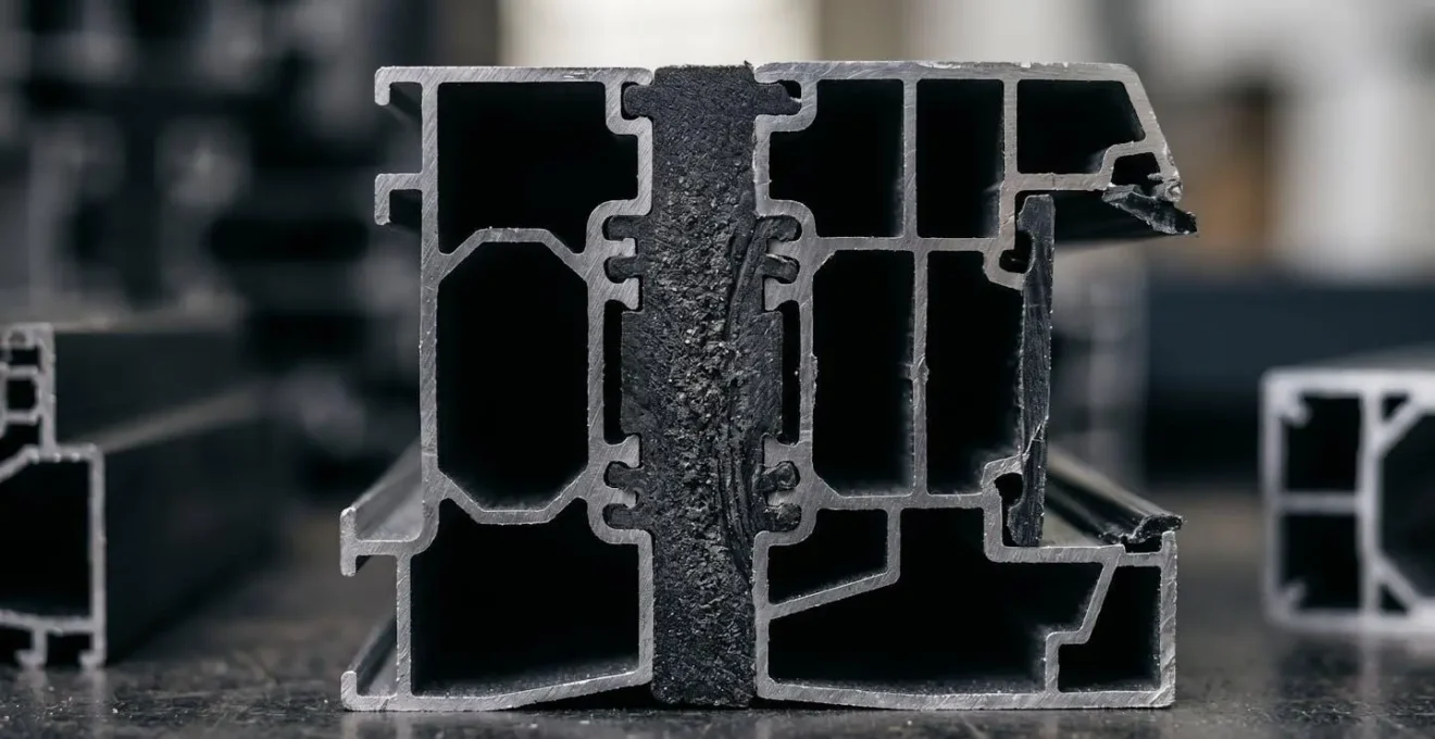 Gros plan sur la structure interne d'un profilé aluminium avec barrette isolante en polyamide