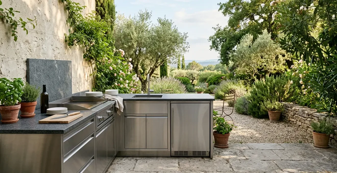 Cuisine d'été moderne aménagée sur terrasse avec plancha et coin repas convivial