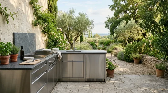 Cuisine d'été moderne aménagée sur terrasse avec plancha et coin repas convivial