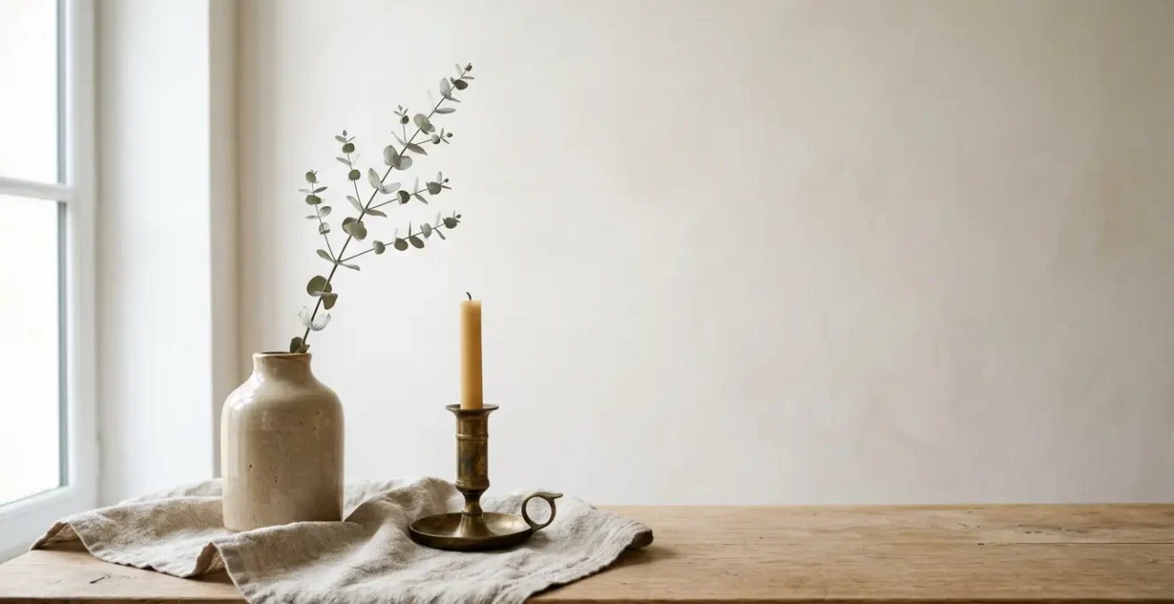 Composition d'objets décoratifs intemporels sur fond neutre avec matières naturelles
