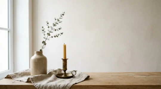 Composition d'objets décoratifs intemporels sur fond neutre avec matières naturelles