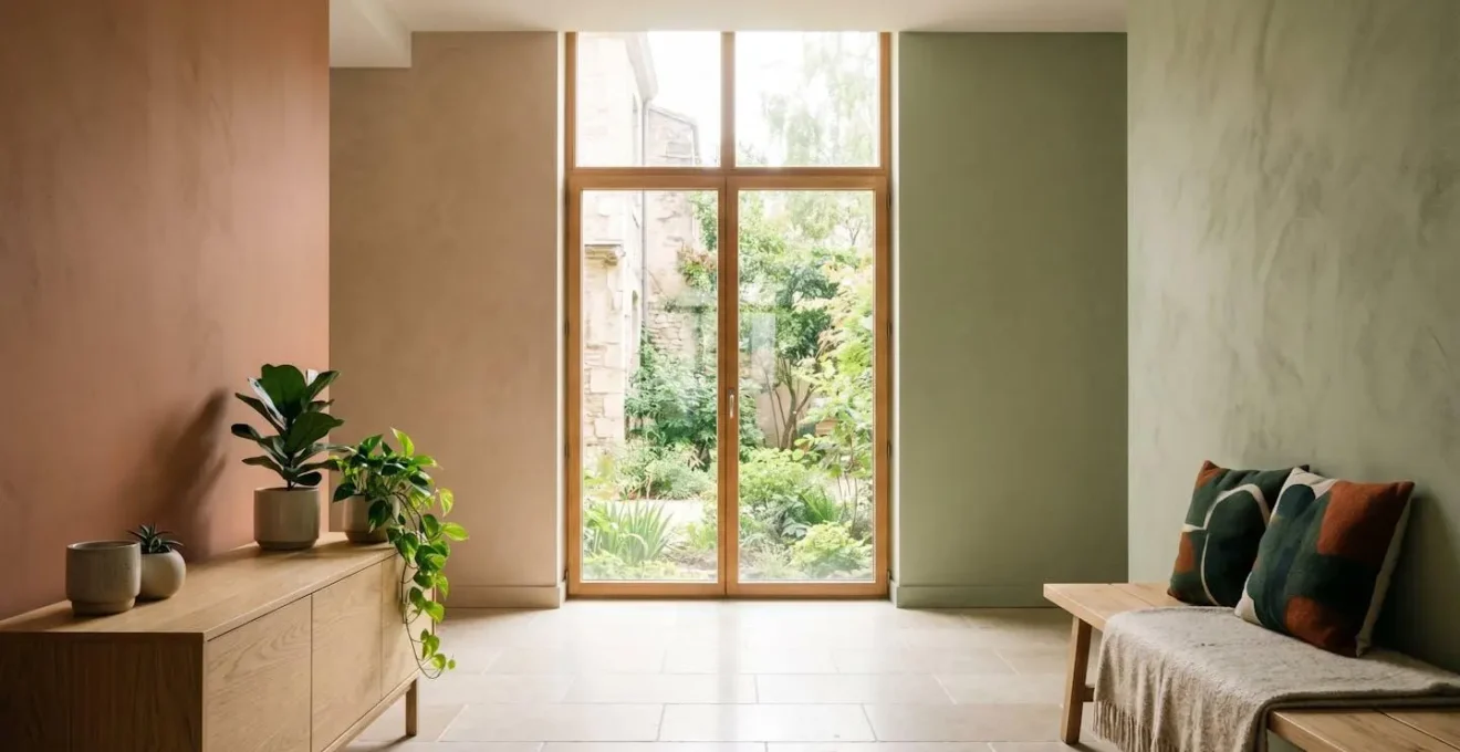 Espace de vie français moderne intégrant design biophilique avec lumière naturelle optimisée et matériaux naturels