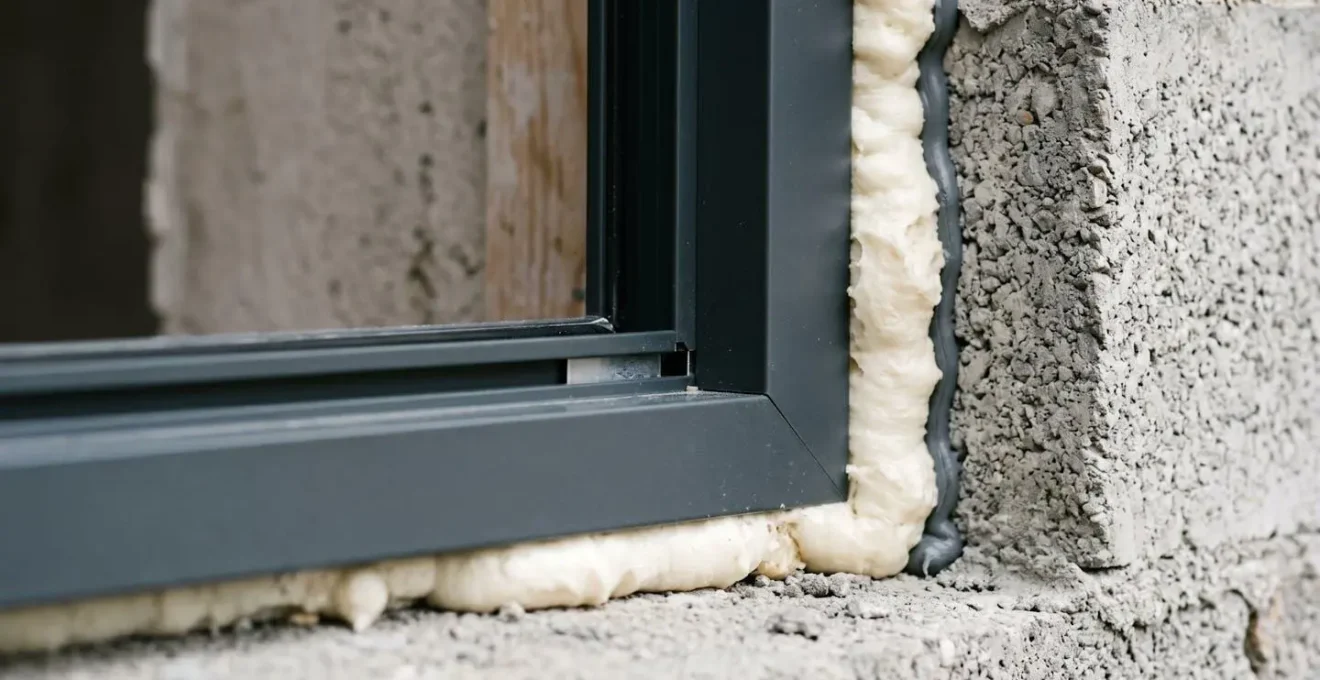 Vue rapprochée de l'interface entre le cadre d'une fenêtre aluminium et le mur lors d'une pose professionnelle