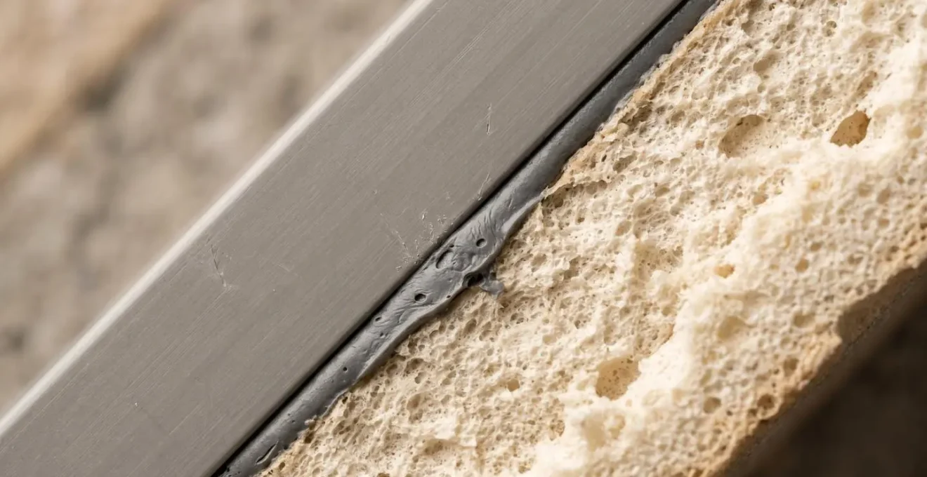 Détail architectural d'une jonction entre une fenêtre et l'isolation thermique extérieure montrant la continuité de l'isolant