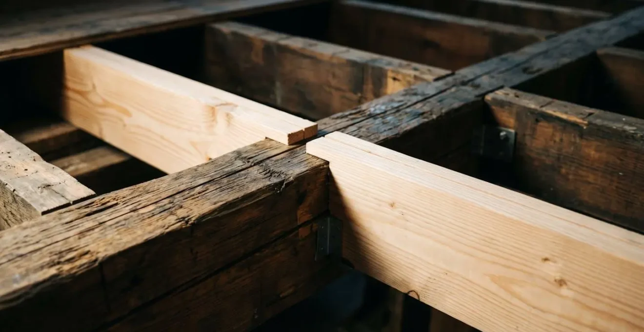 Coupe transversale montrant le renforcement d'une structure de plancher en bois