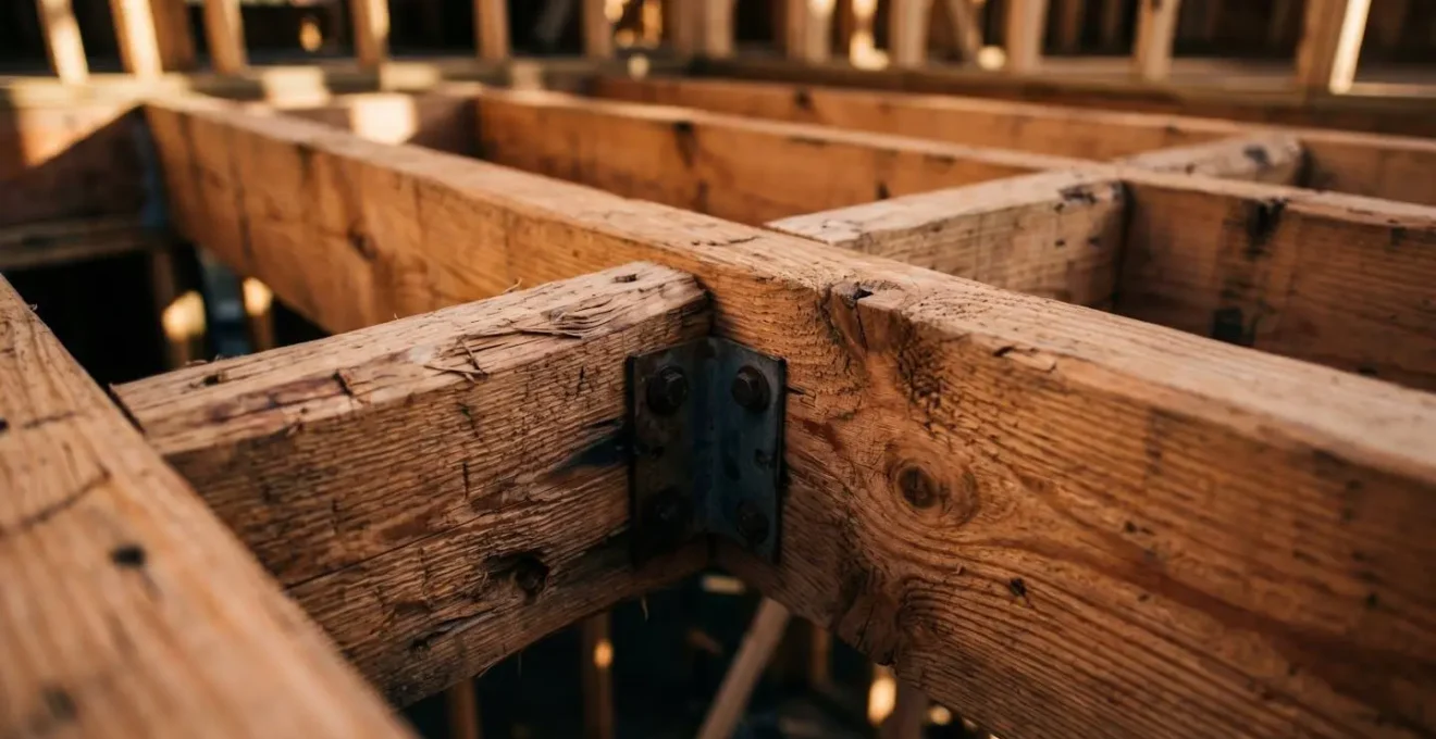 Gros plan macro sur des solives en bois avec details de la texture et des sections structurelles d'un plancher de combles
