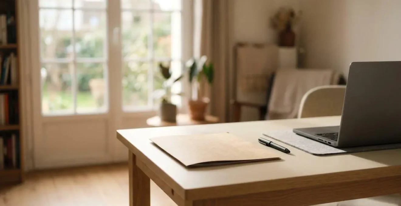 Vue d'ensemble minimaliste d'un espace de travail avec documents administratifs pour déclaration fiscale de construction