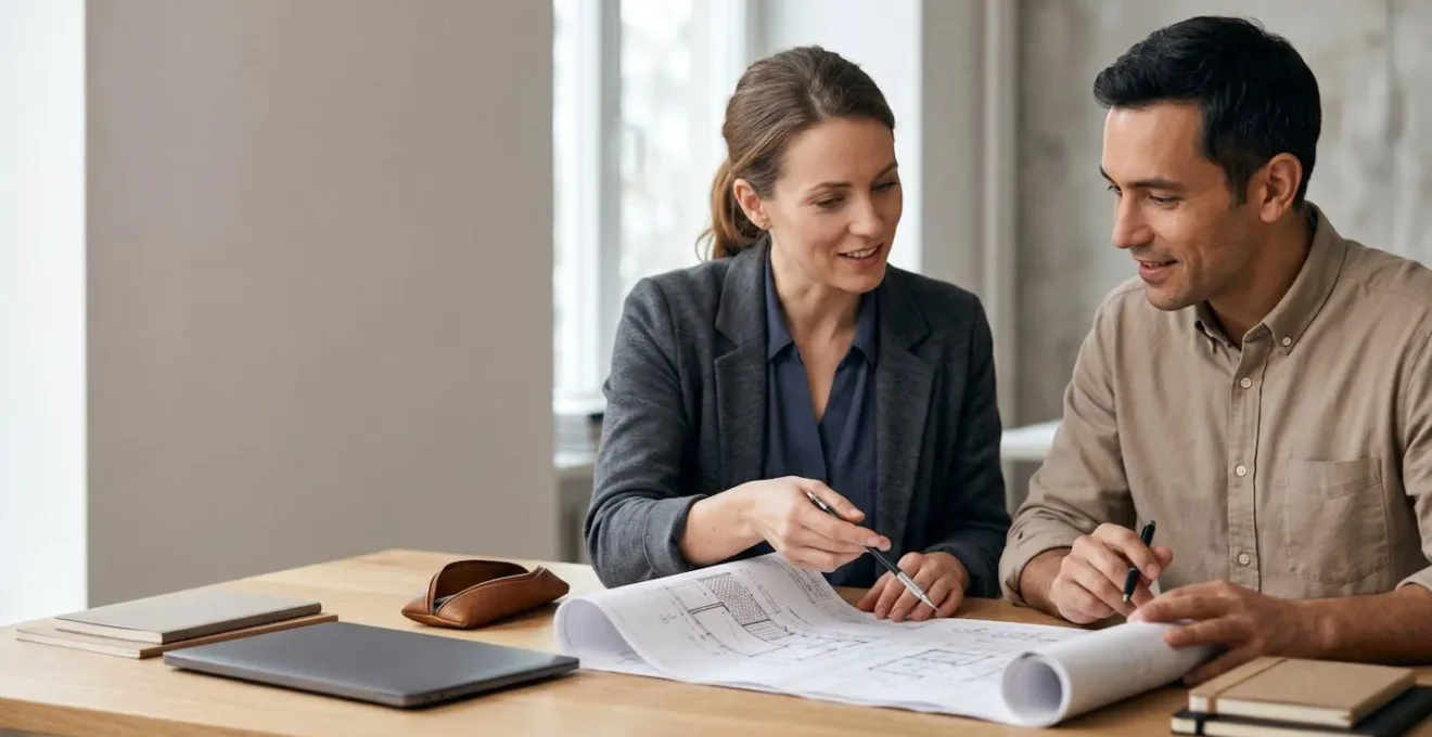 Rencontre professionnelle entre client et maître d'œuvre pour évaluation de projet