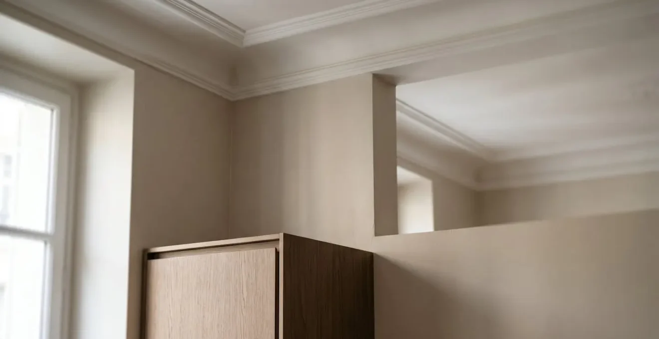 Vue en coupe illustrant l'espace vide non exploité entre un placard de cuisine standard et un plafond de 2,50 mètres dans un logement français