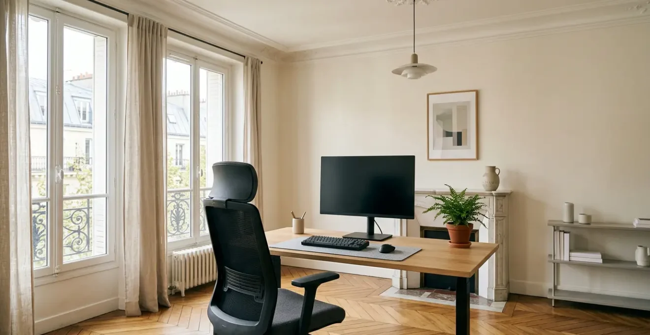 Espace de télétravail ergonomique moderne avec bureau réglable et chaise de qualité dans un intérieur français lumineux