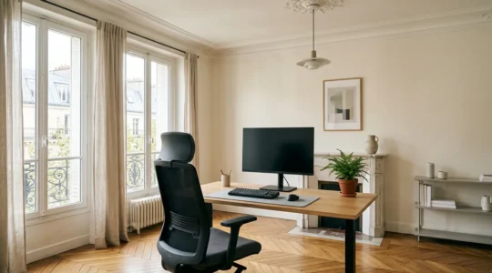 Espace de télétravail ergonomique moderne avec bureau réglable et chaise de qualité dans un intérieur français lumineux