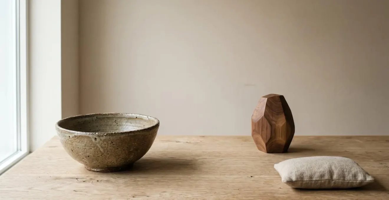 Composition minimaliste montrant le vide intentionnel dans un interieur Japandi avec quelques objets choisis