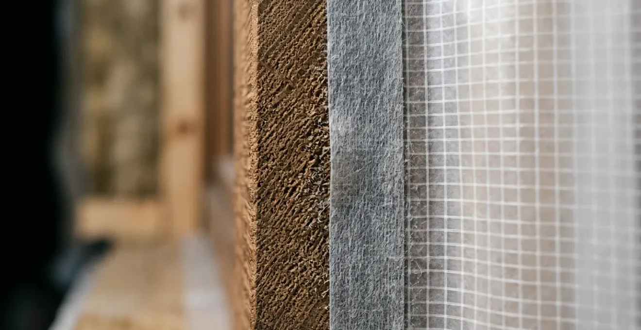 Détail macro d'une jonction parfaitement étanche entre membrane pare-vapeur et menuiserie dans une maison en construction