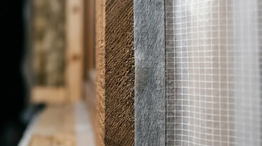 Détail macro d'une jonction parfaitement étanche entre membrane pare-vapeur et menuiserie dans une maison en construction