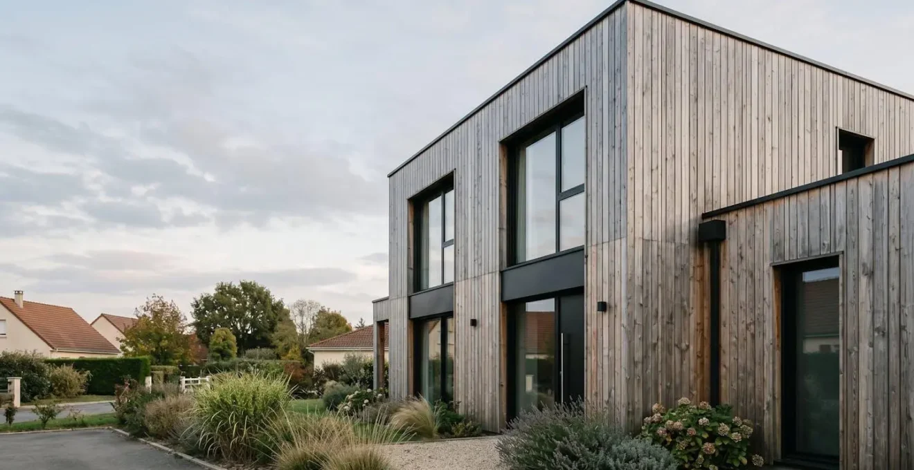 Façade de maison contemporaine avec bardage bois naturel en façade ouest