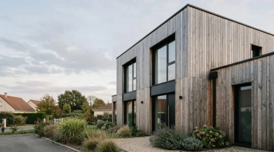 Façade de maison contemporaine avec bardage bois naturel en façade ouest