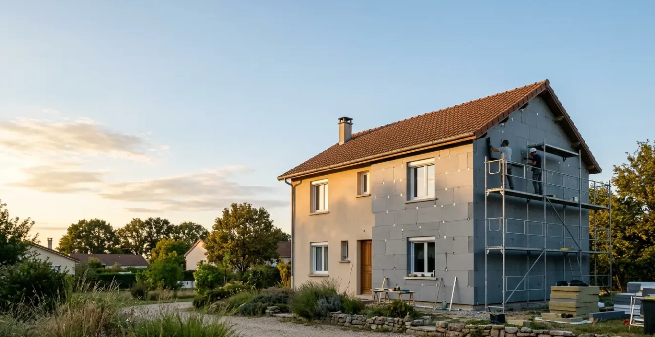 Façade de maison en cours de rénovation avec isolation thermique par l'extérieur, vue d'ensemble mettant en valeur l'enveloppe isolante
