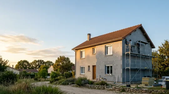 Façade de maison en cours de rénovation avec isolation thermique par l'extérieur, vue d'ensemble mettant en valeur l'enveloppe isolante