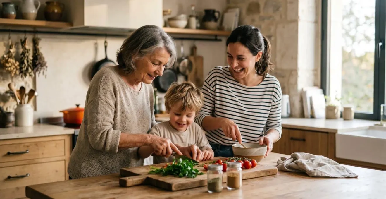 Moment de convivialité familiale autour d'un îlot central de cuisine