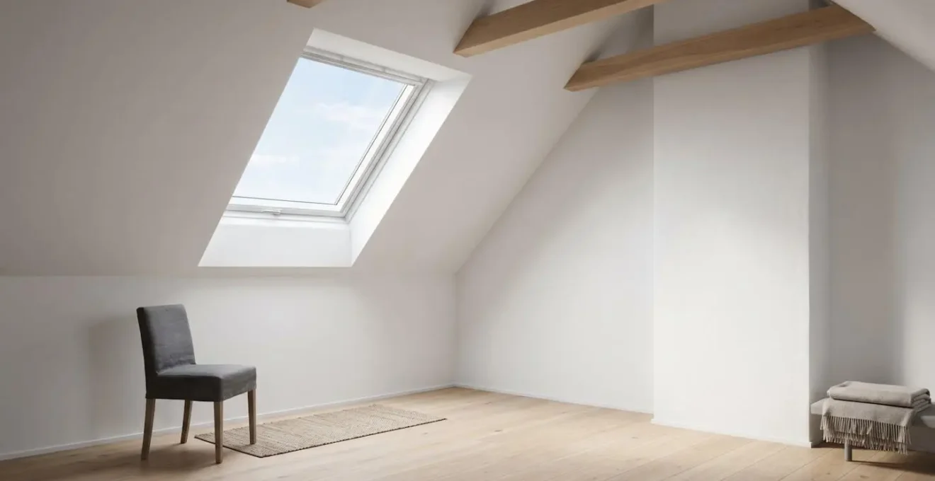Vue grand angle d'une fenetre de toit ouverte dans des combles amenages avec lumiere naturelle et circulation d'air