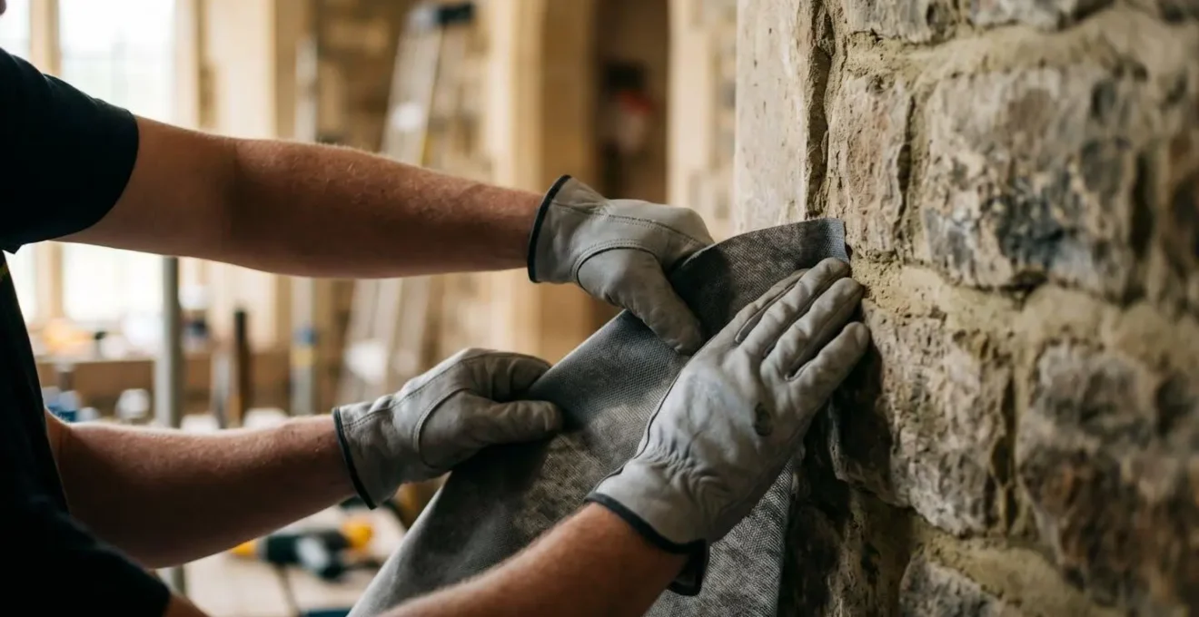 Détail de pose d'un frein-vapeur hygrovariable sur mur en pierre d'une rénovation passive