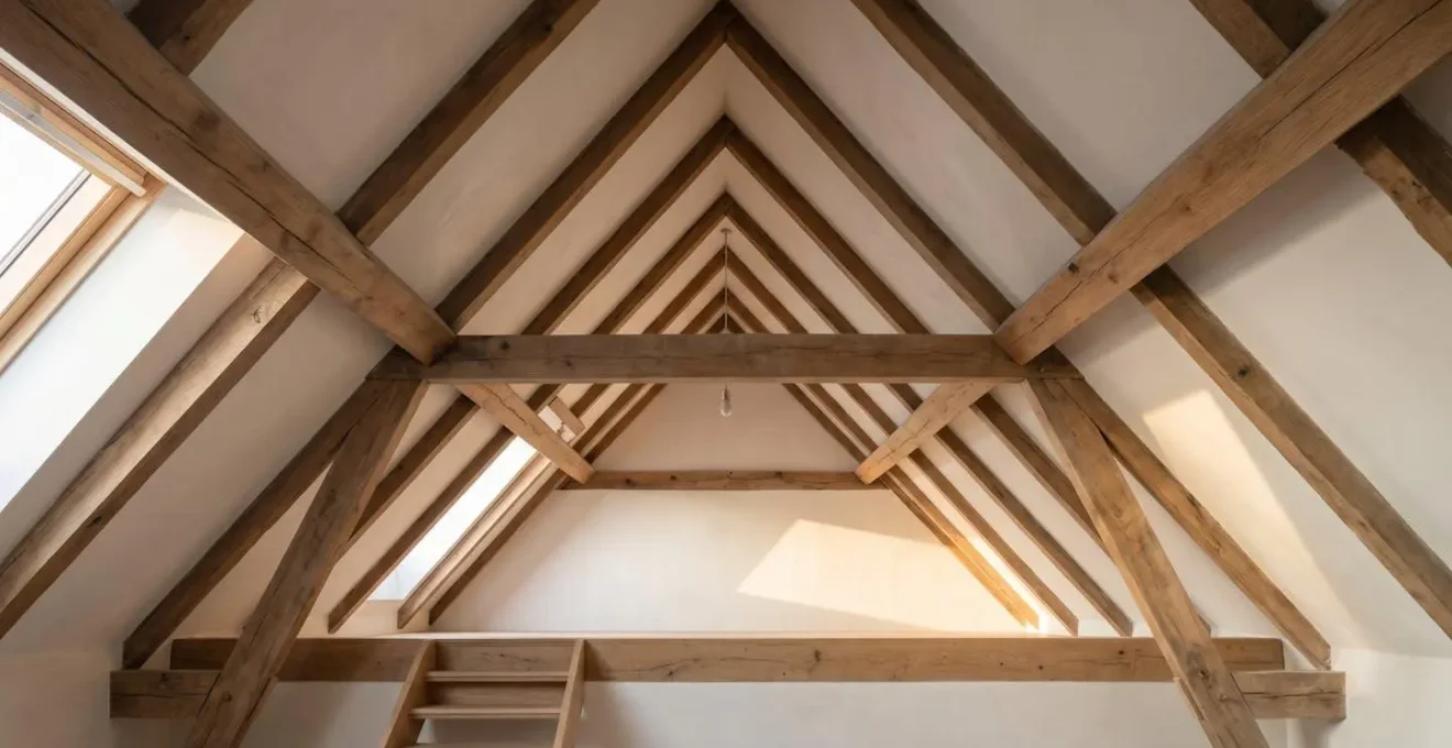 Vue en contre-plongée d'un espace sous combles avec poutres apparentes et hauteur limitée créant une ambiance chaleureuse et intimiste