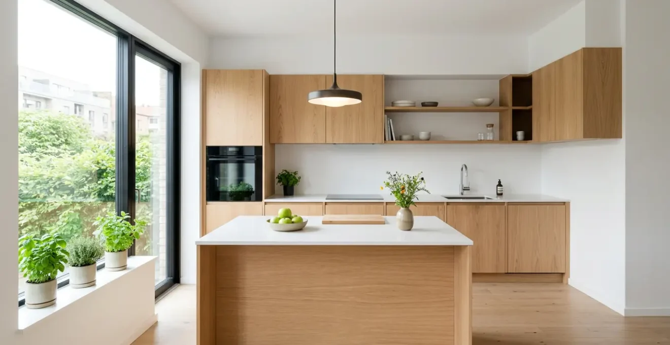 Cuisine moderne de 12 m² avec îlot central compact et circulation optimisée