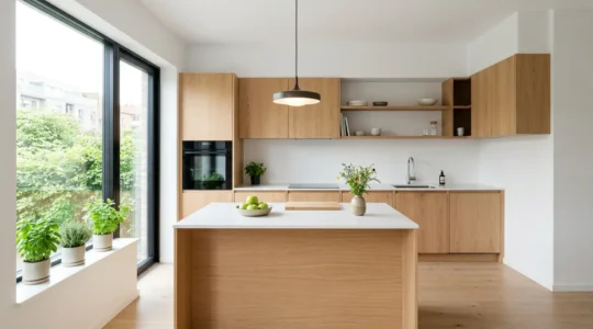 Cuisine moderne de 12 m² avec îlot central compact et circulation optimisée